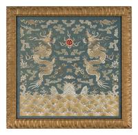 Two Chinese Embroidered Silk Panels, 19th Century 清晚期 藍地麻姑獻壽及雙龍戲珠綉片兩幅