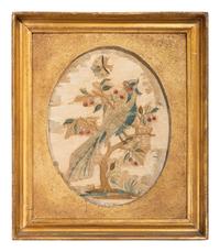 A Pair of Needlework Embroidered Pictures of Perched Birds with Butterflies