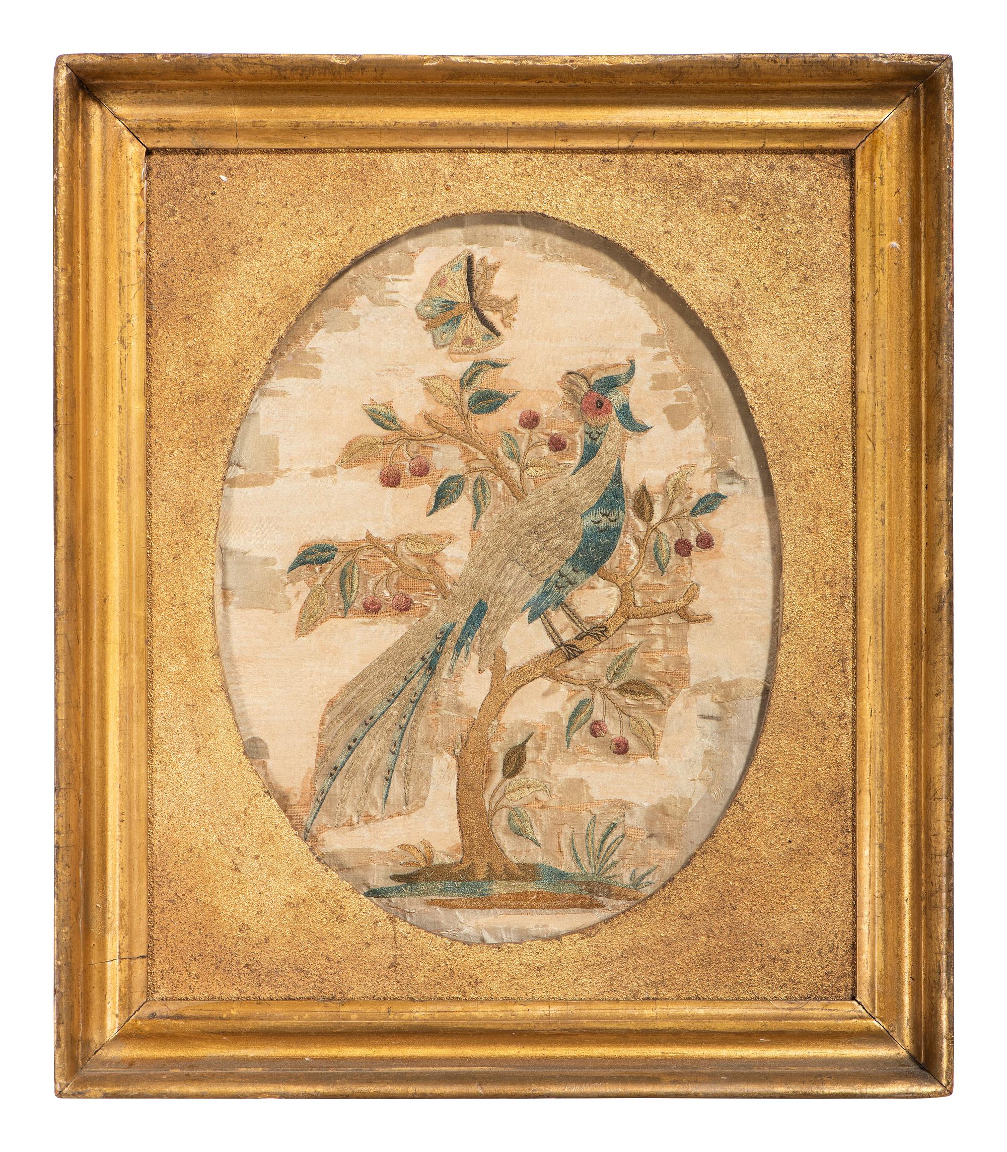 A Pair of Needlework Embroidered Pictures of Perched Birds with Butterflies