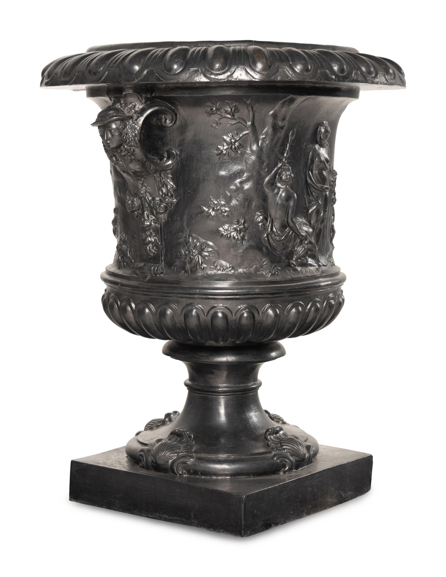 A Pair of English Lead Allegorical Garden Urns