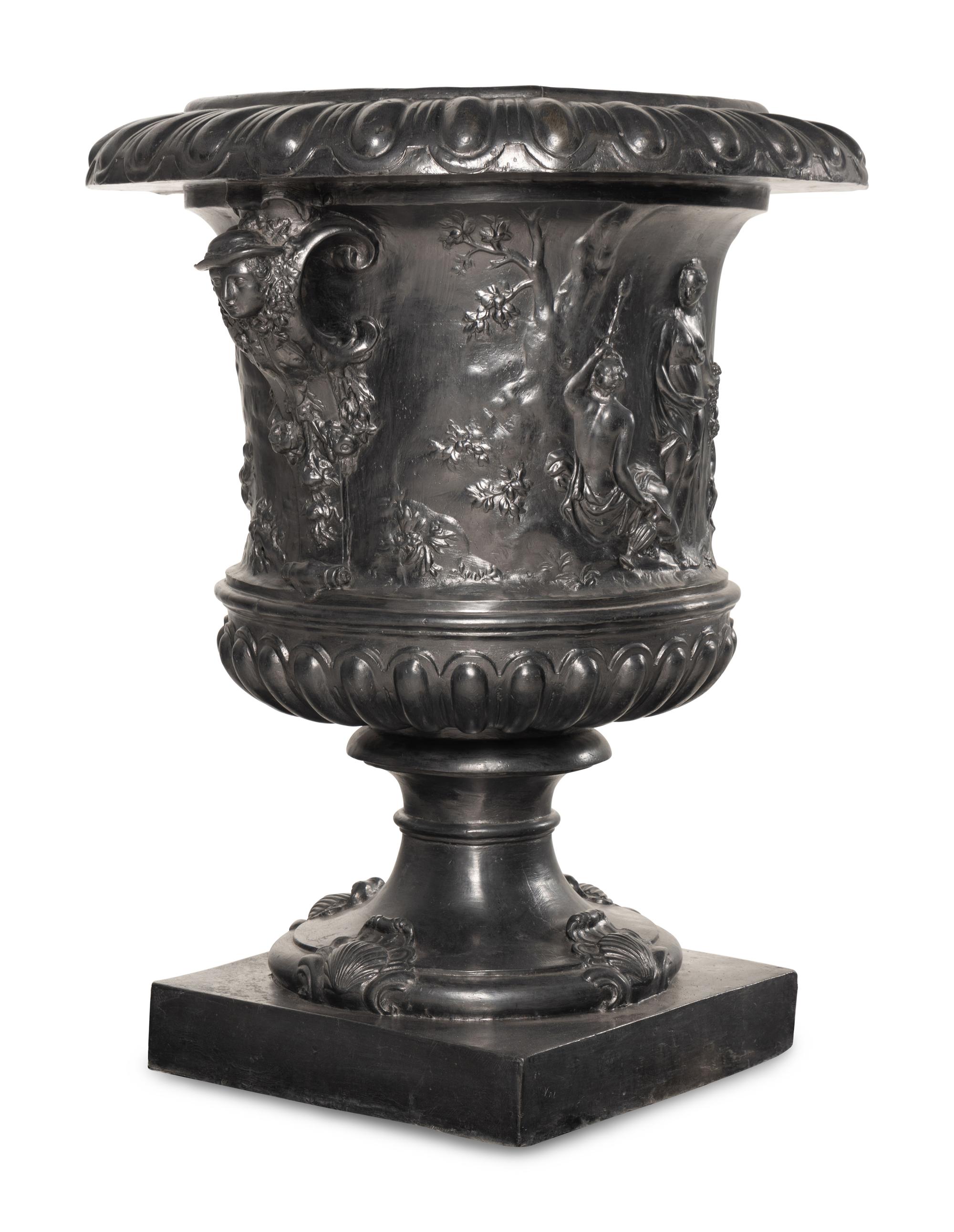 A Pair of English Lead Allegorical Garden Urns