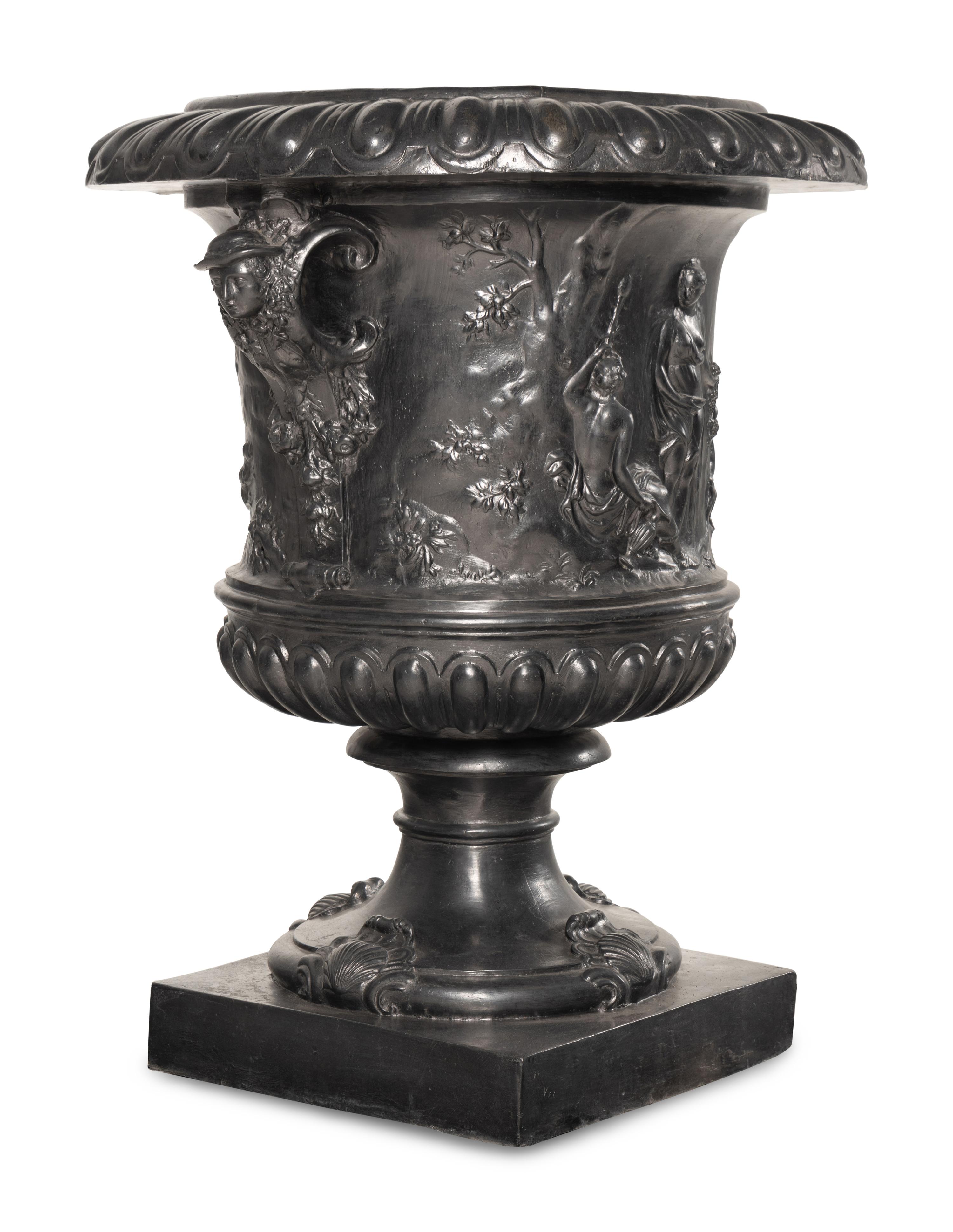 A Pair of English Lead Allegorical Garden Urns