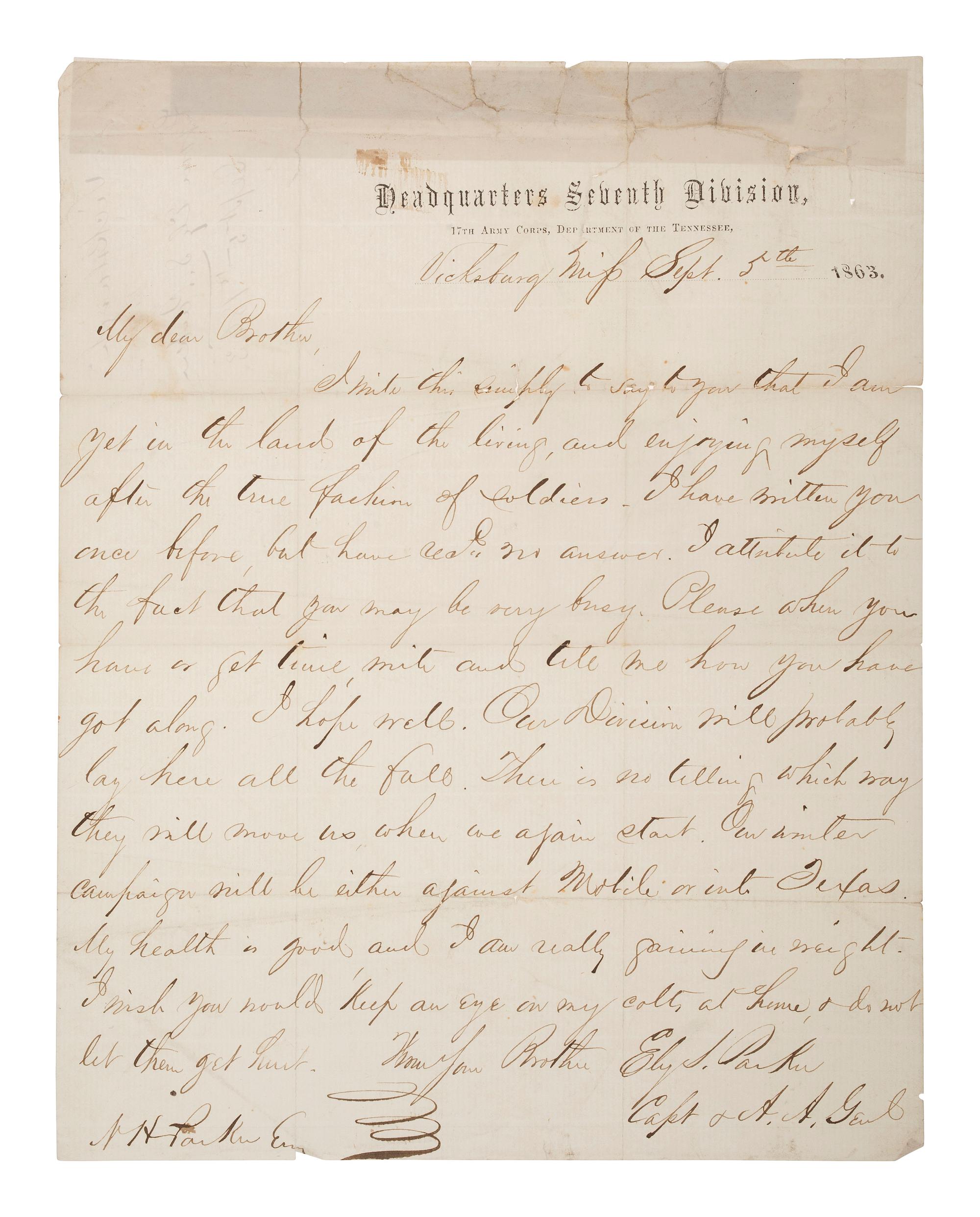 [CIVIL WAR]. PARKER, Ely S. (1828-1895). A group of 3 items, highlighted by war-date letters signed by Ely S. Parker, one in which he references the children of U.S. Grant and John A. Rawlins.