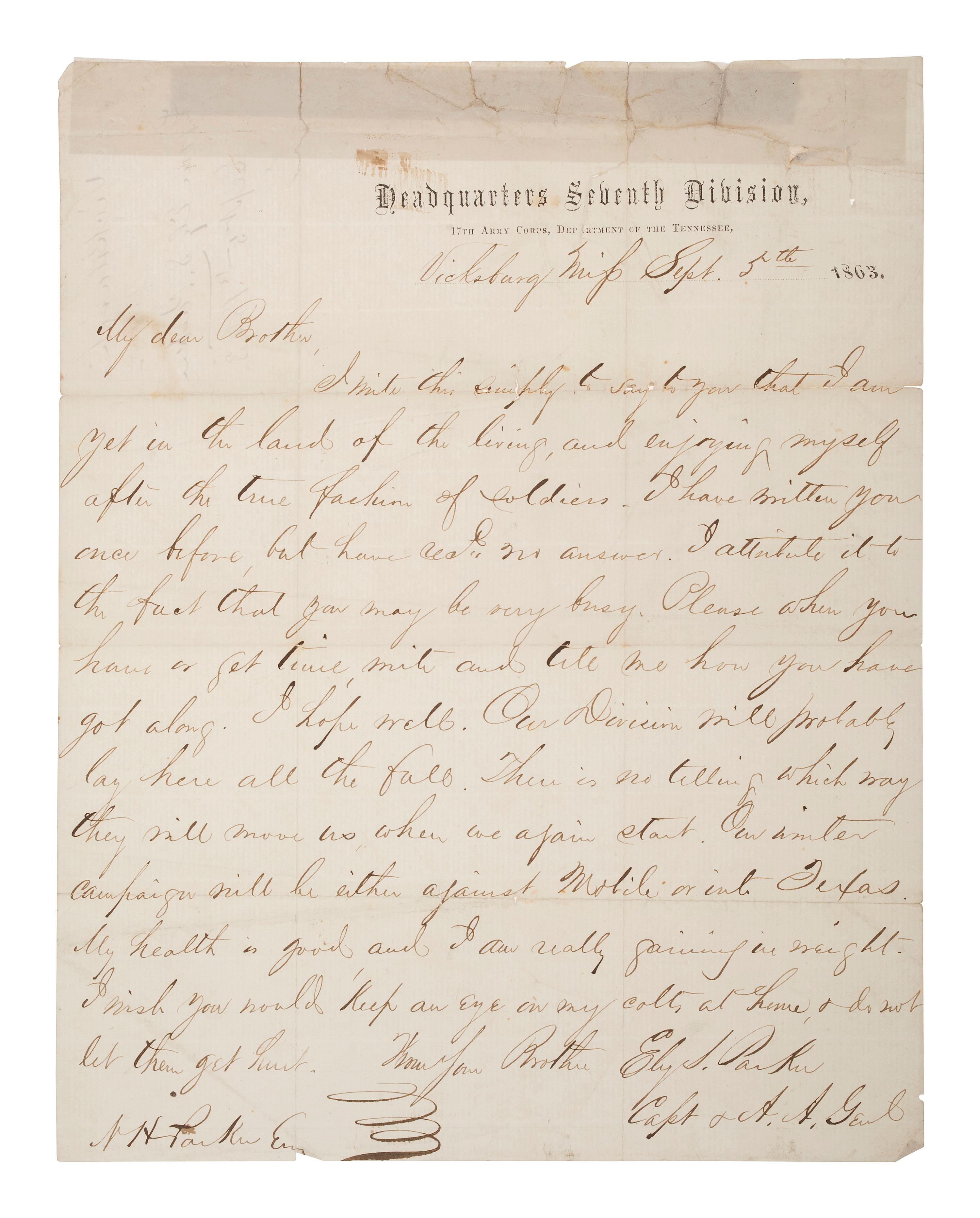 [CIVIL WAR]. PARKER, Ely S. (1828-1895). A group of 3 items, highlighted by war-date letters signed by Ely S. Parker, one in which he references the children of U.S. Grant and John A. Rawlins.