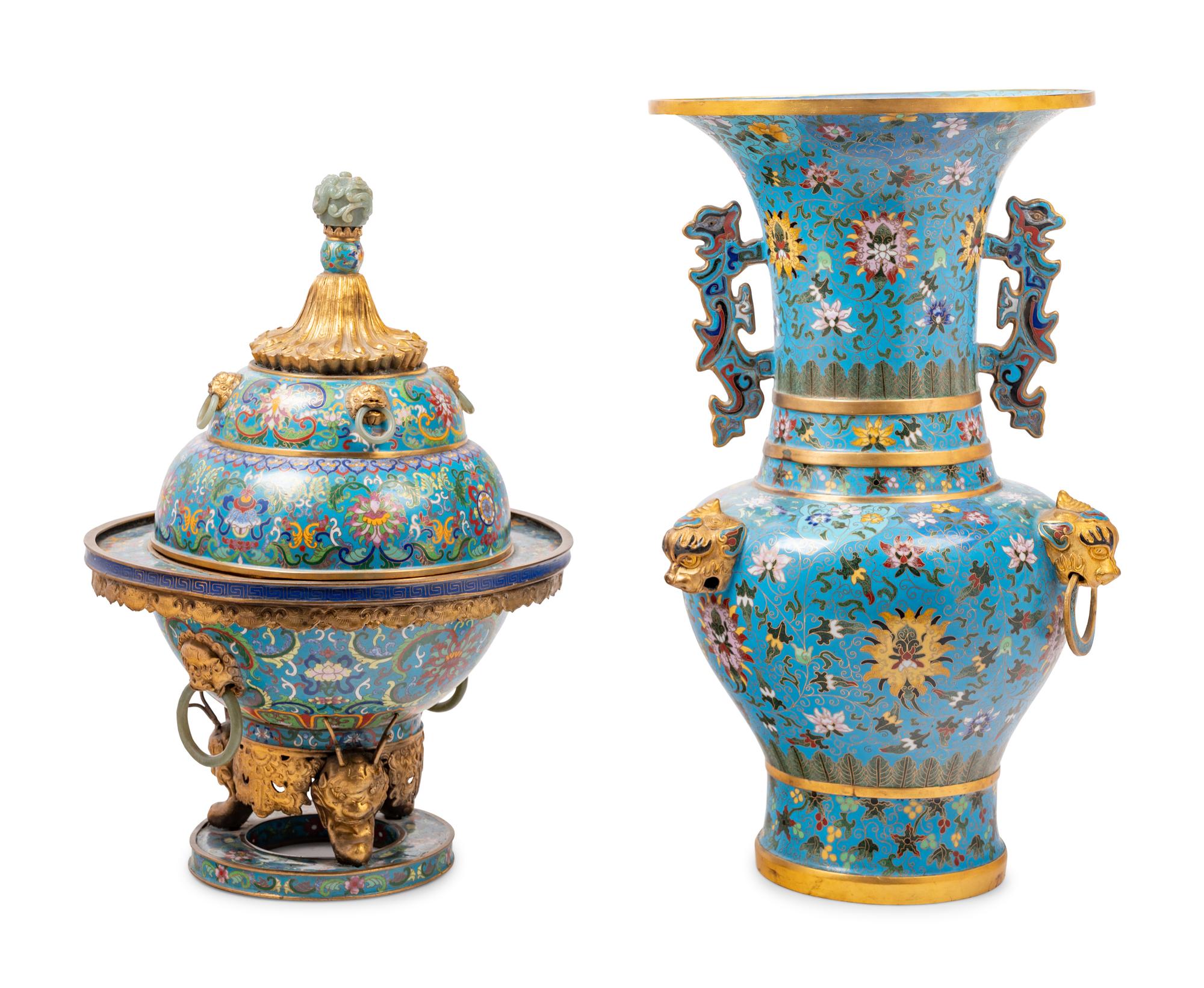 Two Large Chinese Blue Ground Cloisonné Enameled Vessels