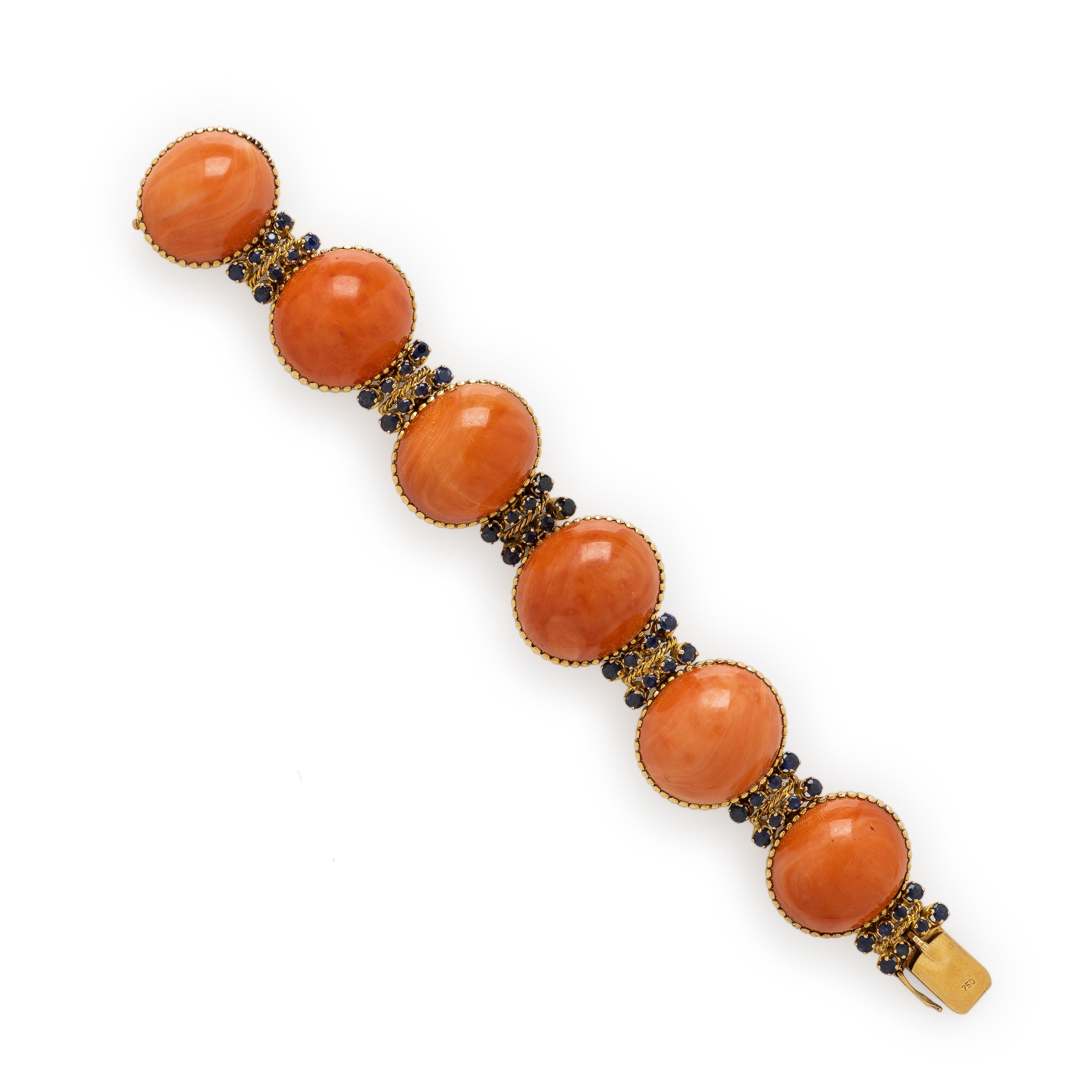 Coral, Sapphire, and Yellow Gold Bracelet