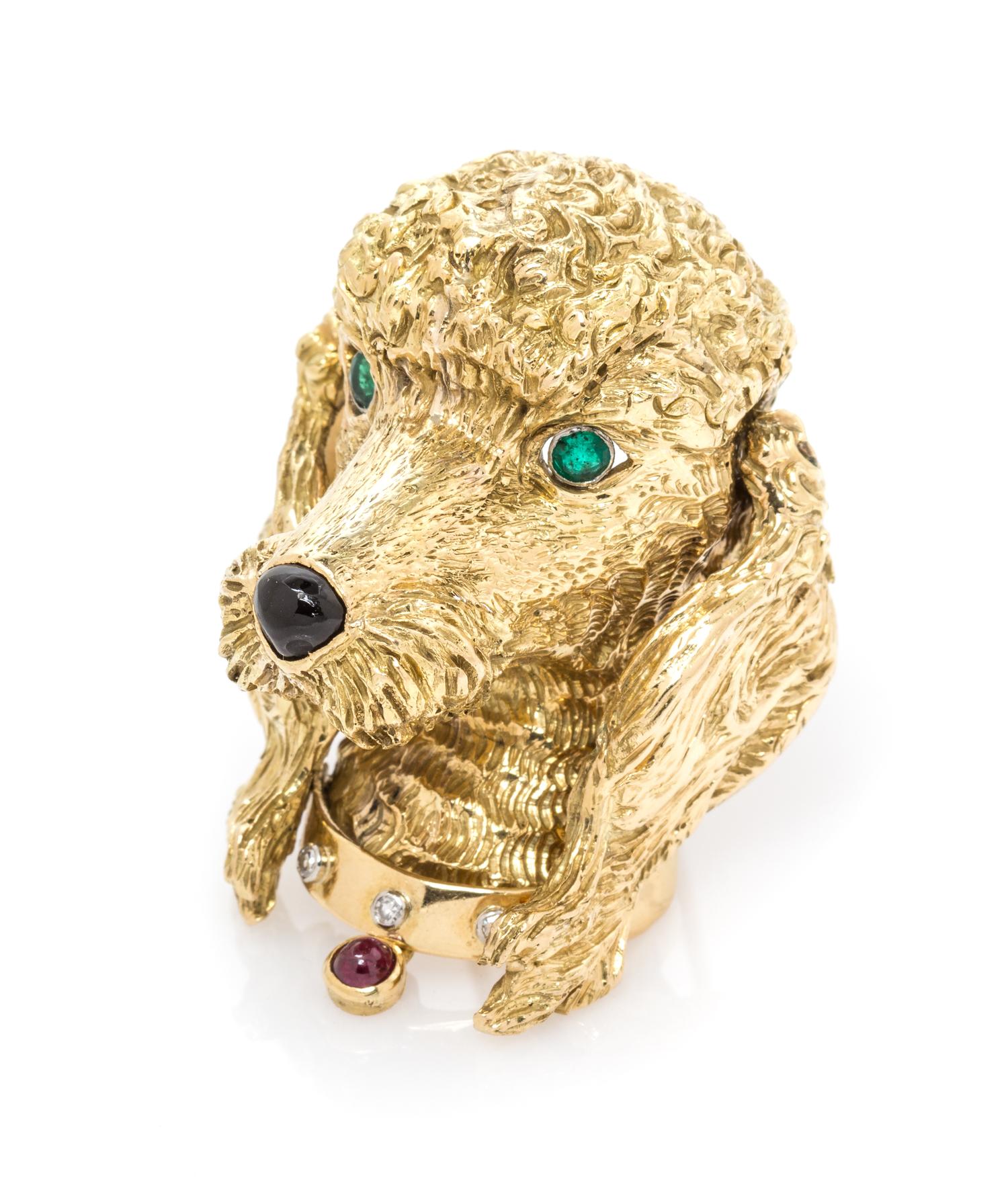 An 18 Karat Yellow Gold, Diamond, Ruby, Emerald, and Onyx Articulated Poodle Clip/Brooch, French, 28.20 dwts.