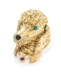 An 18 Karat Yellow Gold, Diamond, Ruby, Emerald, and Onyx Articulated Poodle Clip/Brooch, French, 28.20 dwts.