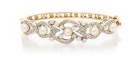 A Gold, Diamond and Cultured Pearl Bangle Bracelet, 16.20 dwts.