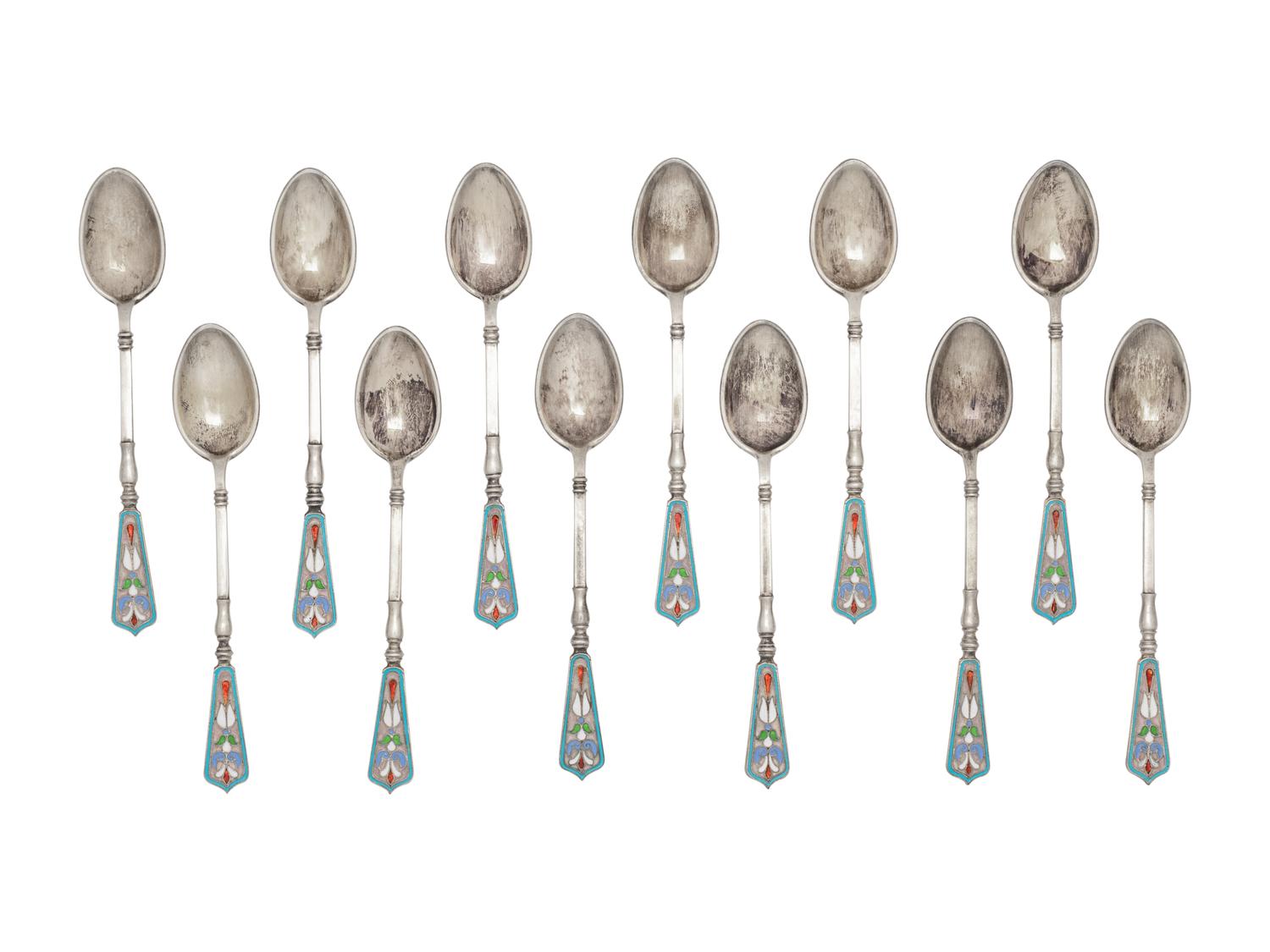 A Set of Russian Enameled Silver Coffee Spoons