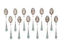 A Set of Russian Enameled Silver Coffee Spoons