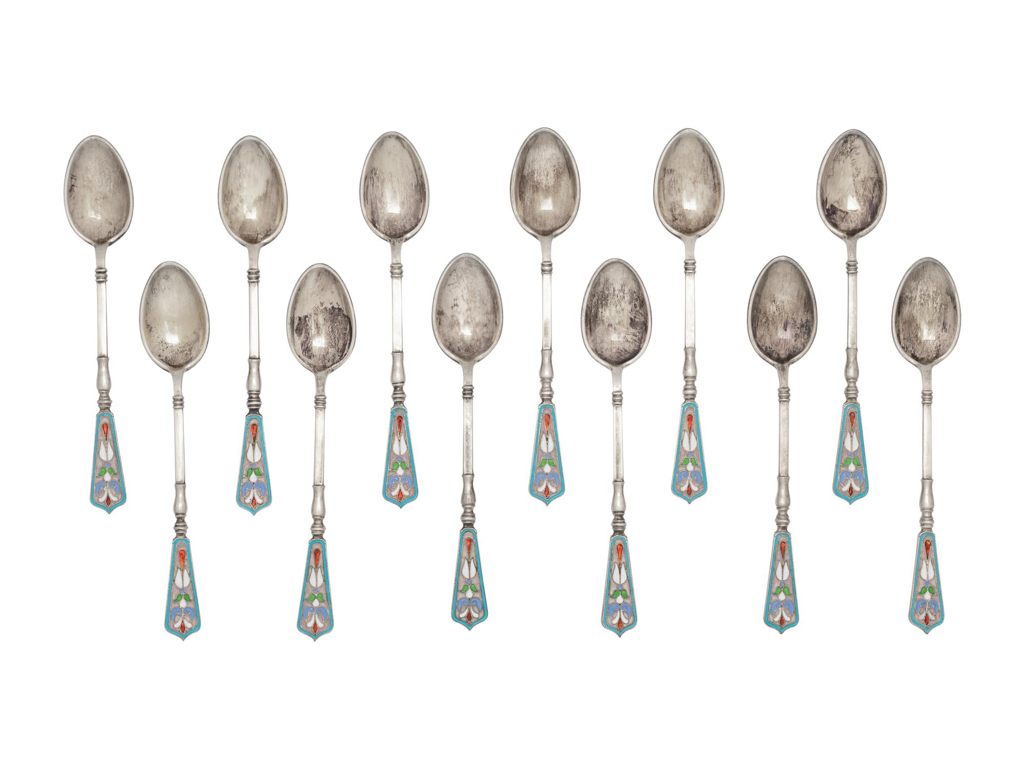 A Set of Russian Enameled Silver Coffee Spoons