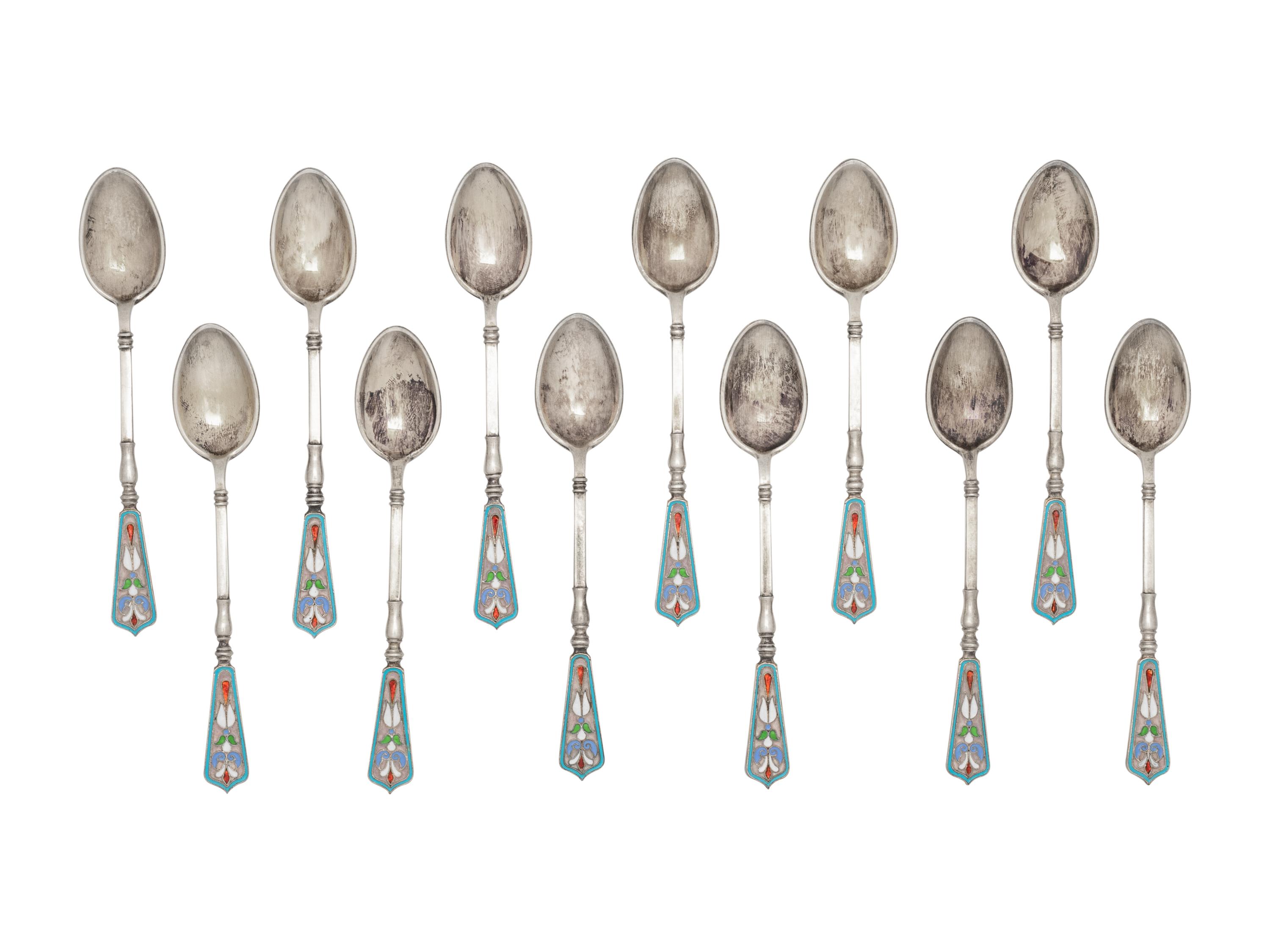 A Set of Russian Enameled Silver Coffee Spoons