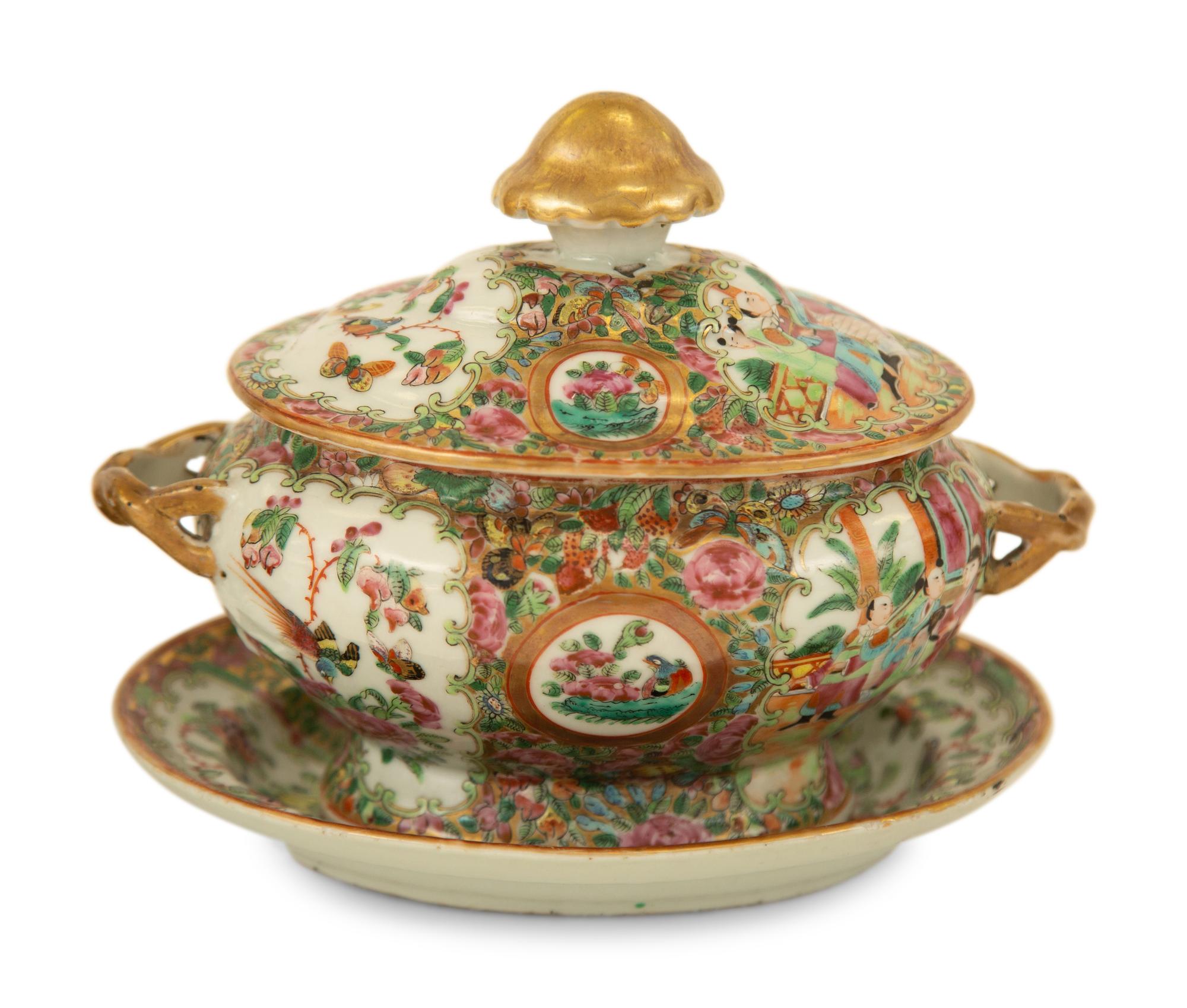 A Pair of Chinese Rose Medallion Porcelain Sauce Tureens
