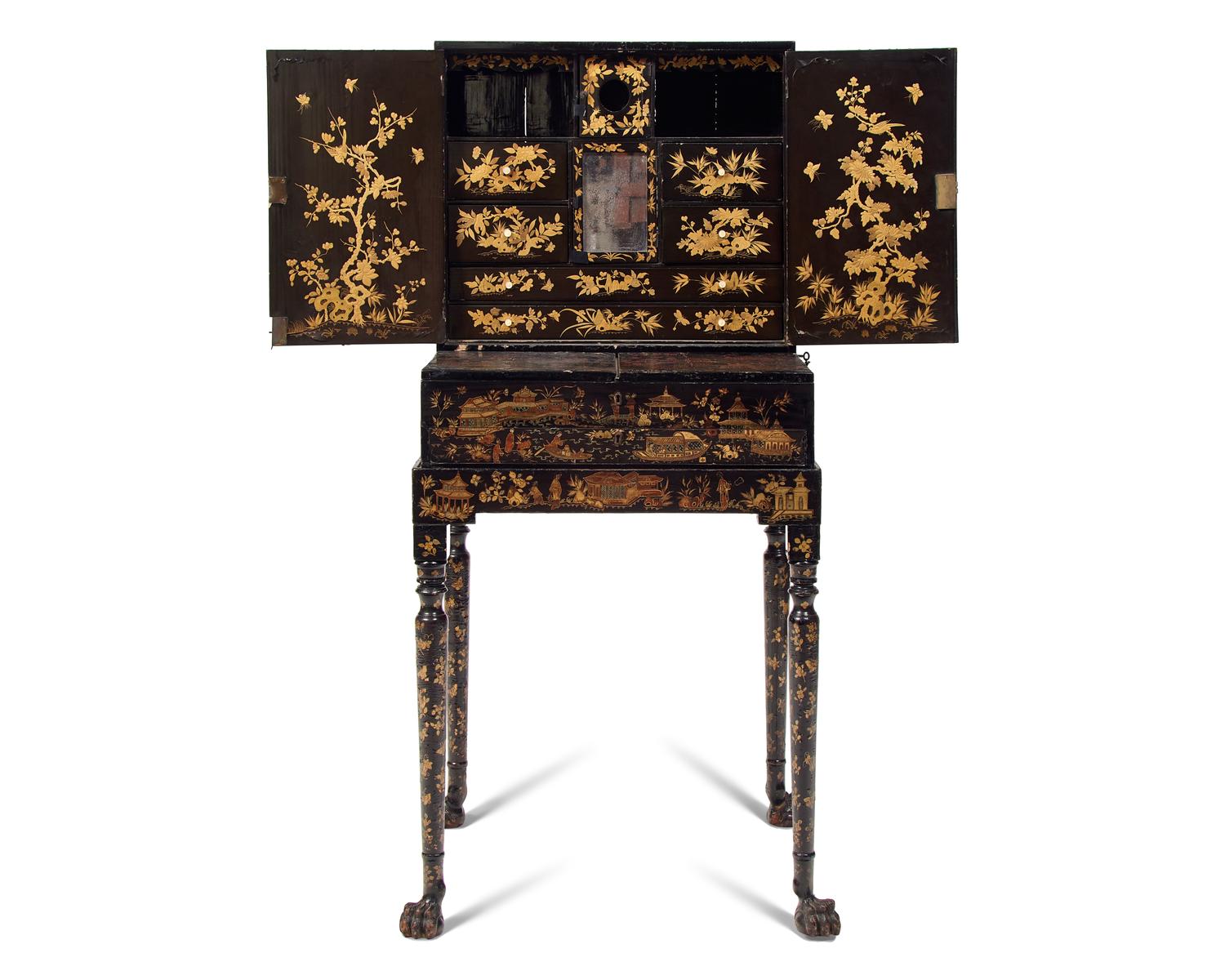 A Chinese Export Black Lacquer and Parcel-Gilt Cabinet and Work Table