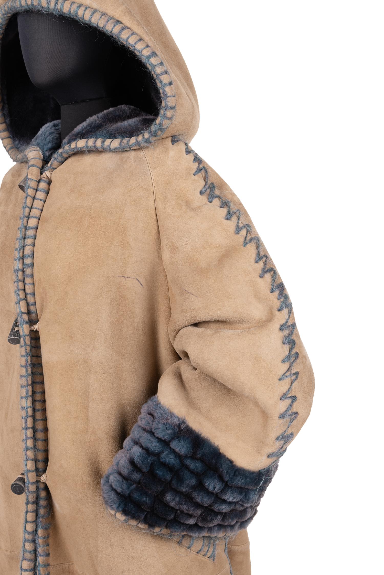 Fendi Suede Hooded Coat Lined in Blue Shearling, c. 1993