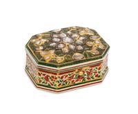 A Mughal Gold, Enameled and Diamond Inset Box, 20th Century, of rectangular form with canted corners, the diamonds inset in a floral pa