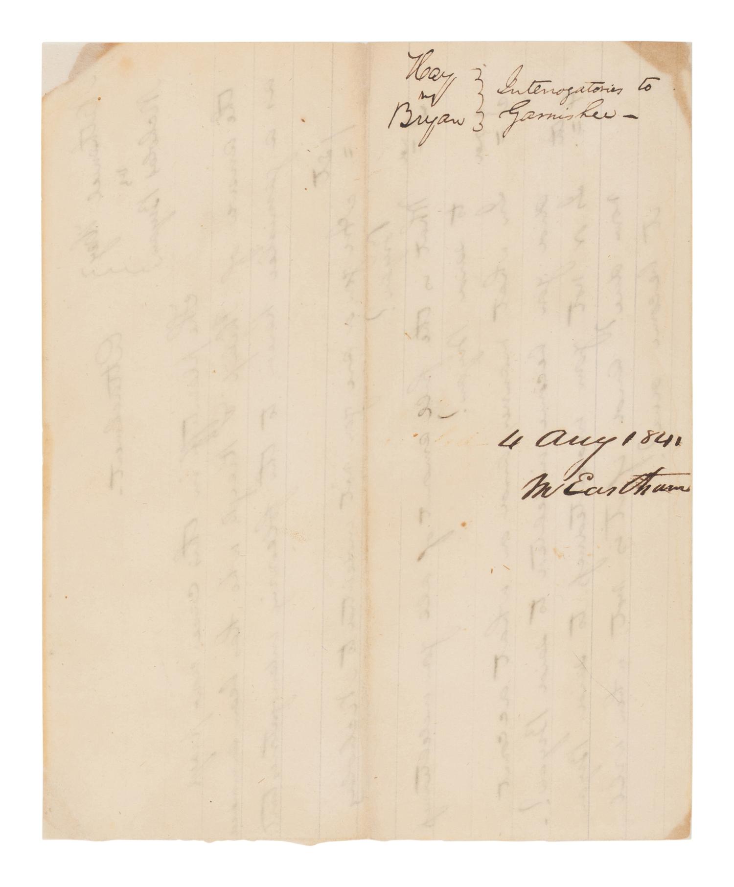 LINCOLN, Abraham (1809-1865). Autograph document, unsigned, [Springfield], 4 August 1841.