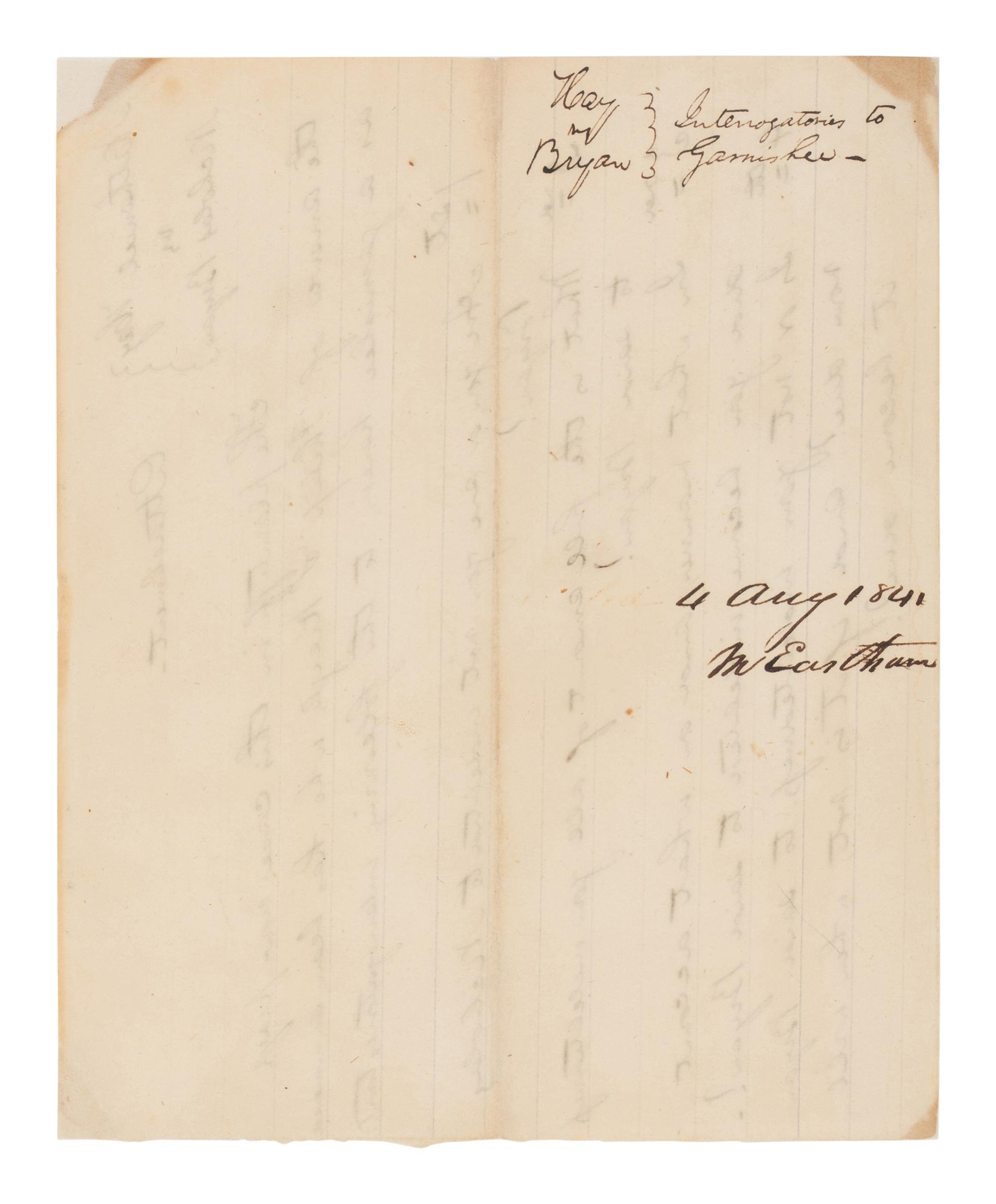 LINCOLN, Abraham (1809-1865). Autograph document, unsigned, [Springfield], 4 August 1841.