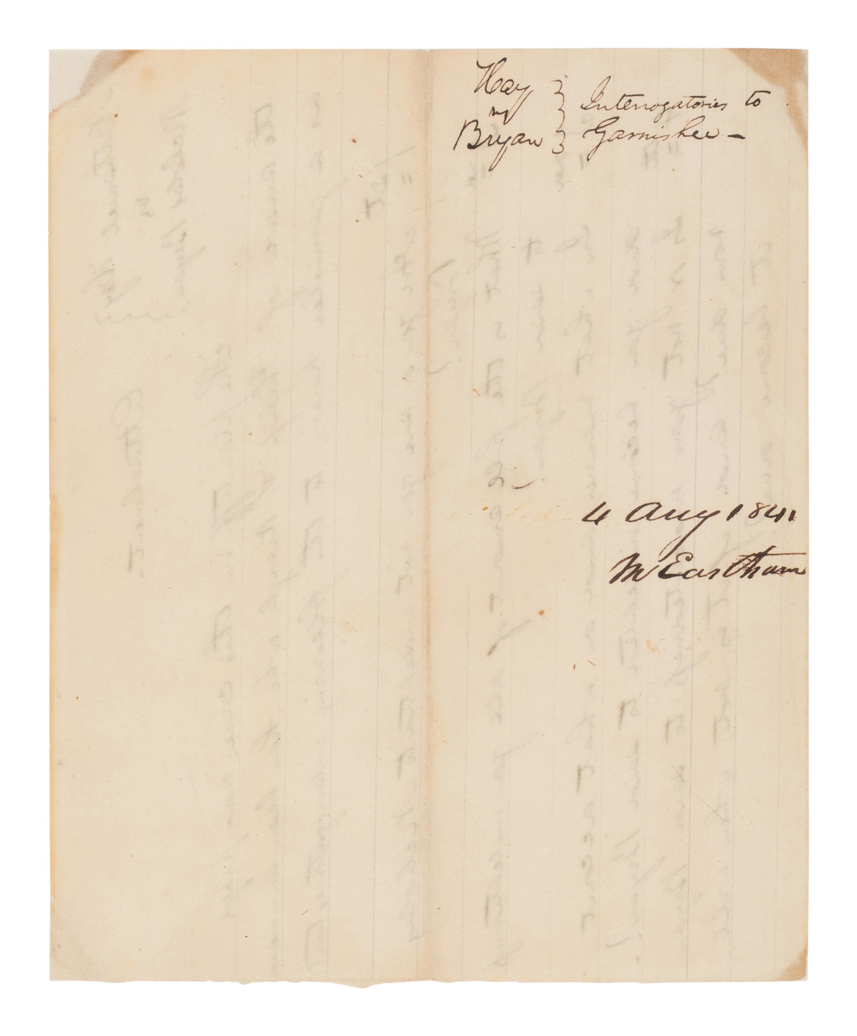 LINCOLN, Abraham (1809-1865). Autograph document, unsigned, [Springfield], 4 August 1841.
