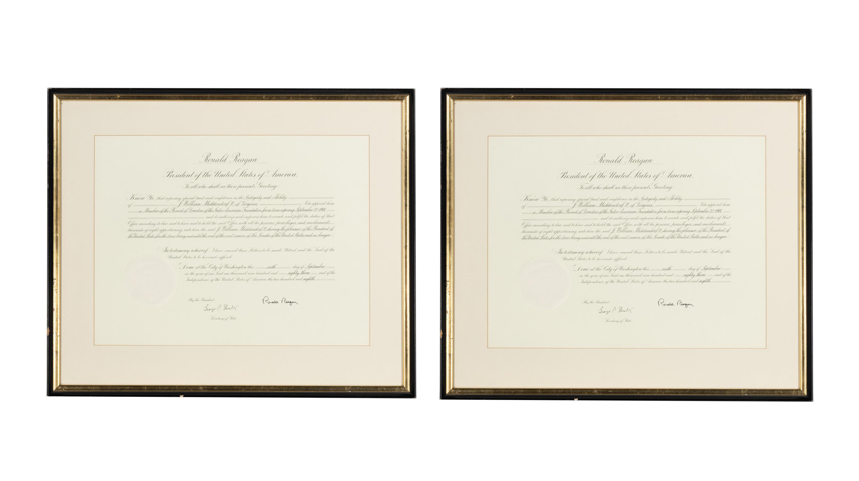 Reagan, Ronald (1911-2004). Partially engraved document signed ("Ronald Reagan") appointing J. William Middendorf II member of the board of directors to the Inter-American Foundation. Washington, 6 September 1983.