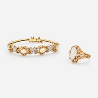 A Set of 14K Yellow Gold, Opal, and Diamond Bracelet and Ring