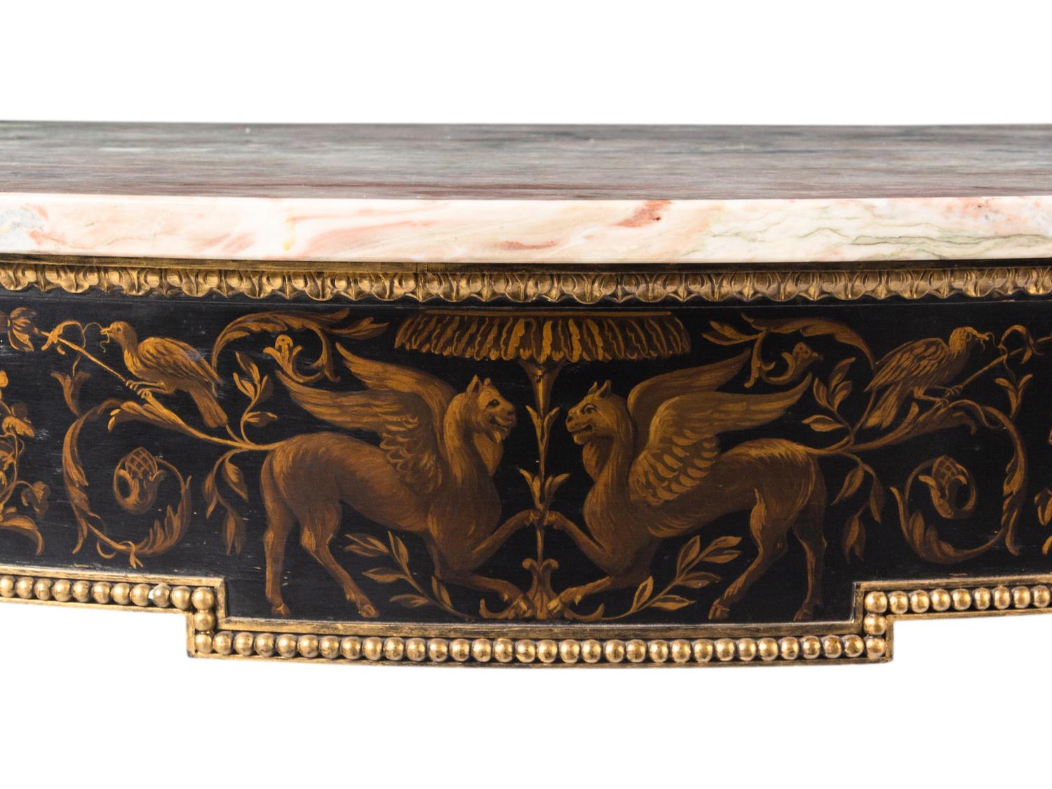 A Pair of Regency Style Painted Demilune Marble-Top Console Tables