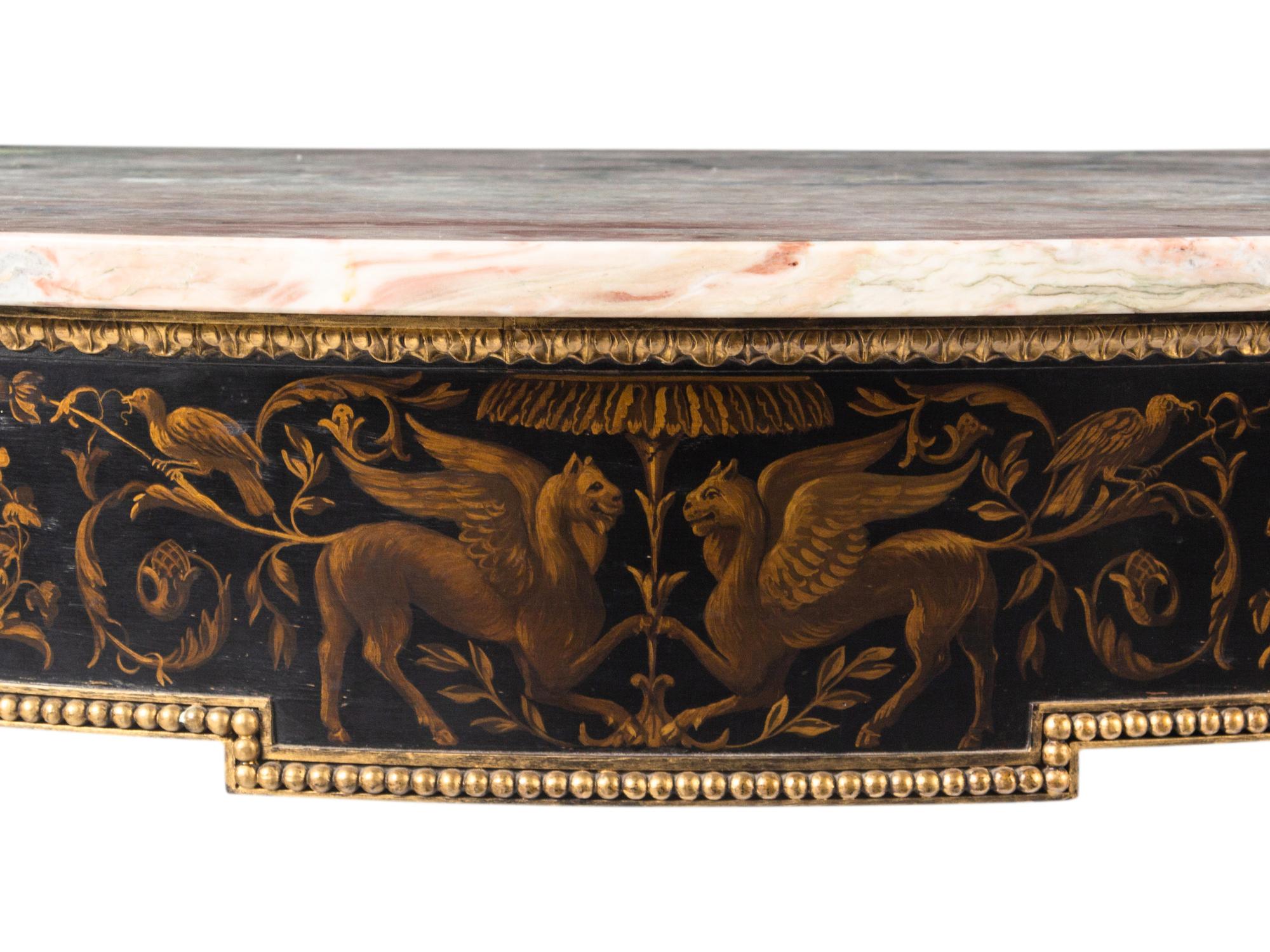 A Pair of Regency Style Painted Demilune Marble-Top Console Tables