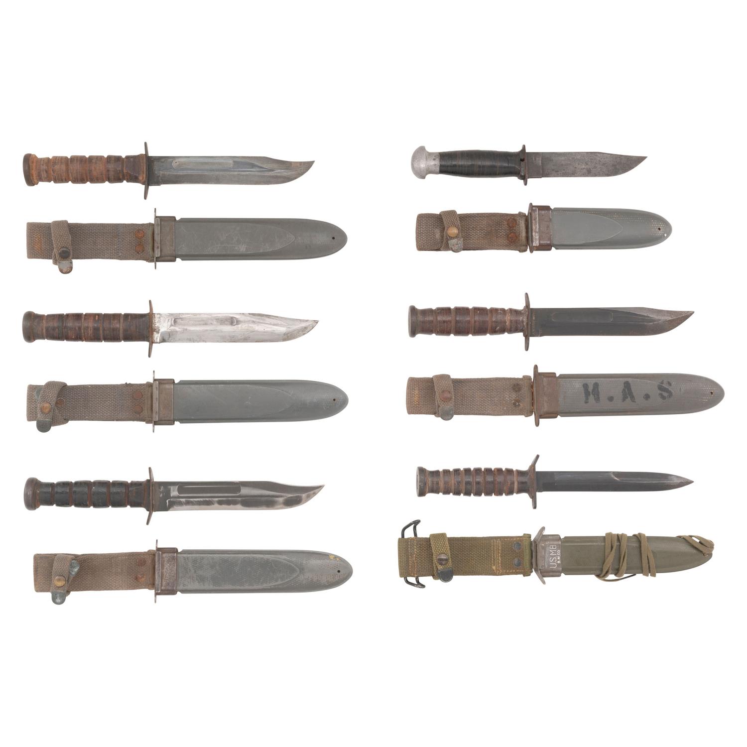 Six World War II Era Fighting Knives: (4) USN Mk2, (1) USN Mk1 & (1) M3