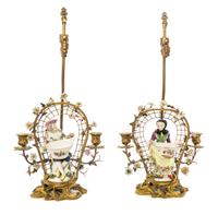 A Pair of German Porcelain Mounted Gilt Bronze Two-Light Candelabra Height overall 22 1/2 inches.