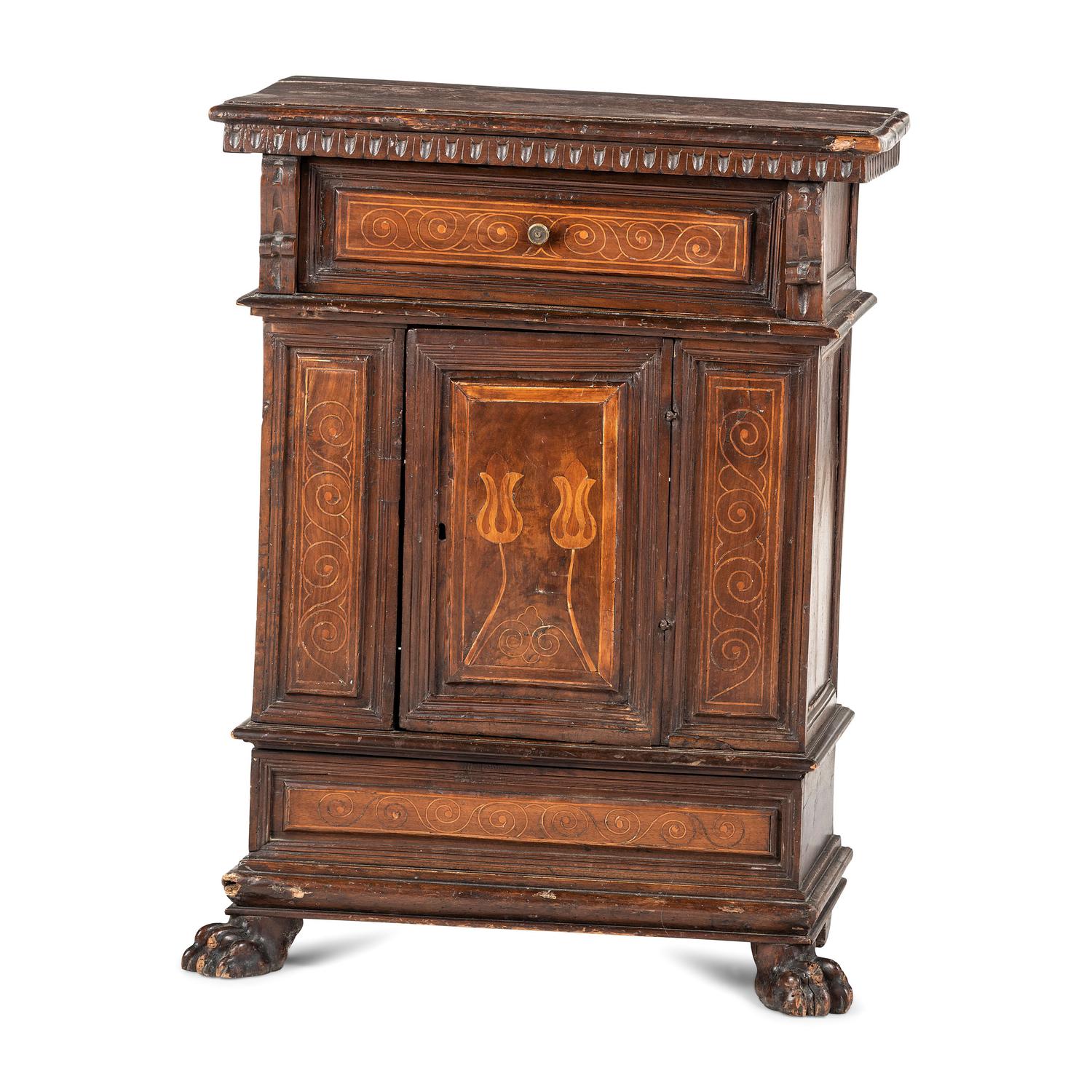 An English Tulip Inlaid Oak Cabinet