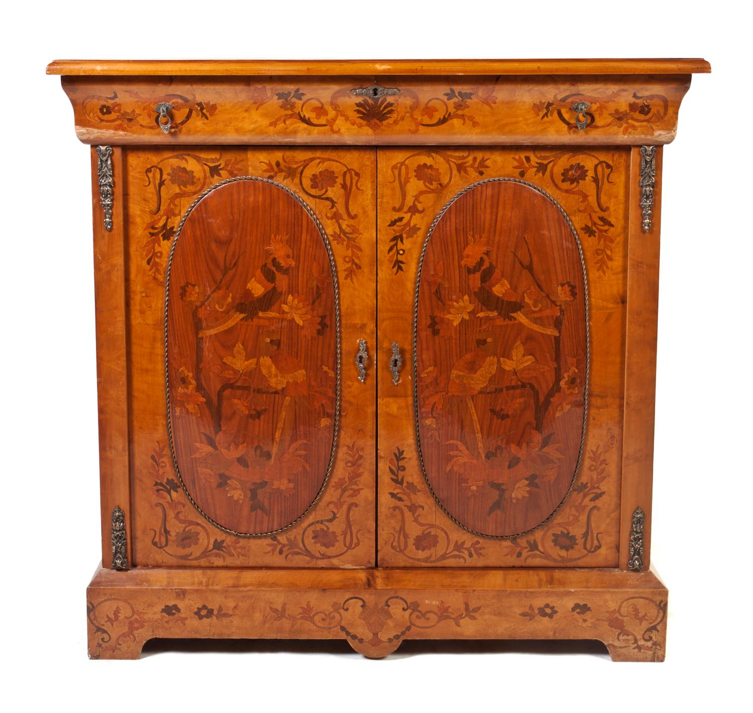 A Continental Marquerty Decorated Console Cabinet, Height 42 x width 43 1/4 x depth 14 1/4 inches.