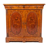 A Continental Marquerty Decorated Console Cabinet, Height 42 x width 43 1/4 x depth 14 1/4 inches.