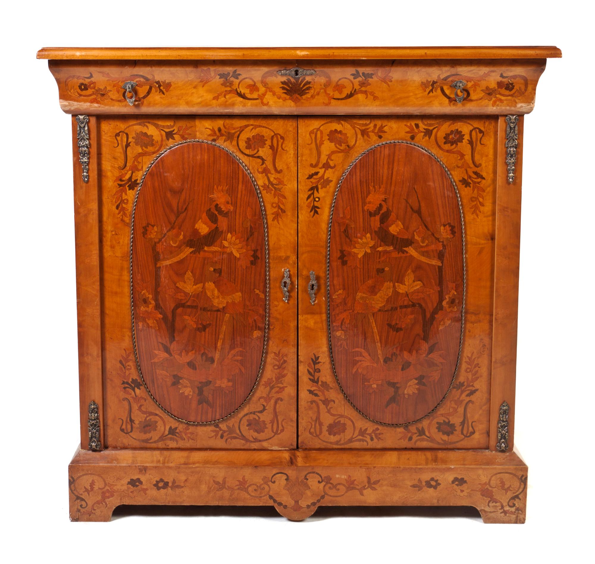 A Continental Marquerty Decorated Console Cabinet, Height 42 x width 43 1/4 x depth 14 1/4 inches.