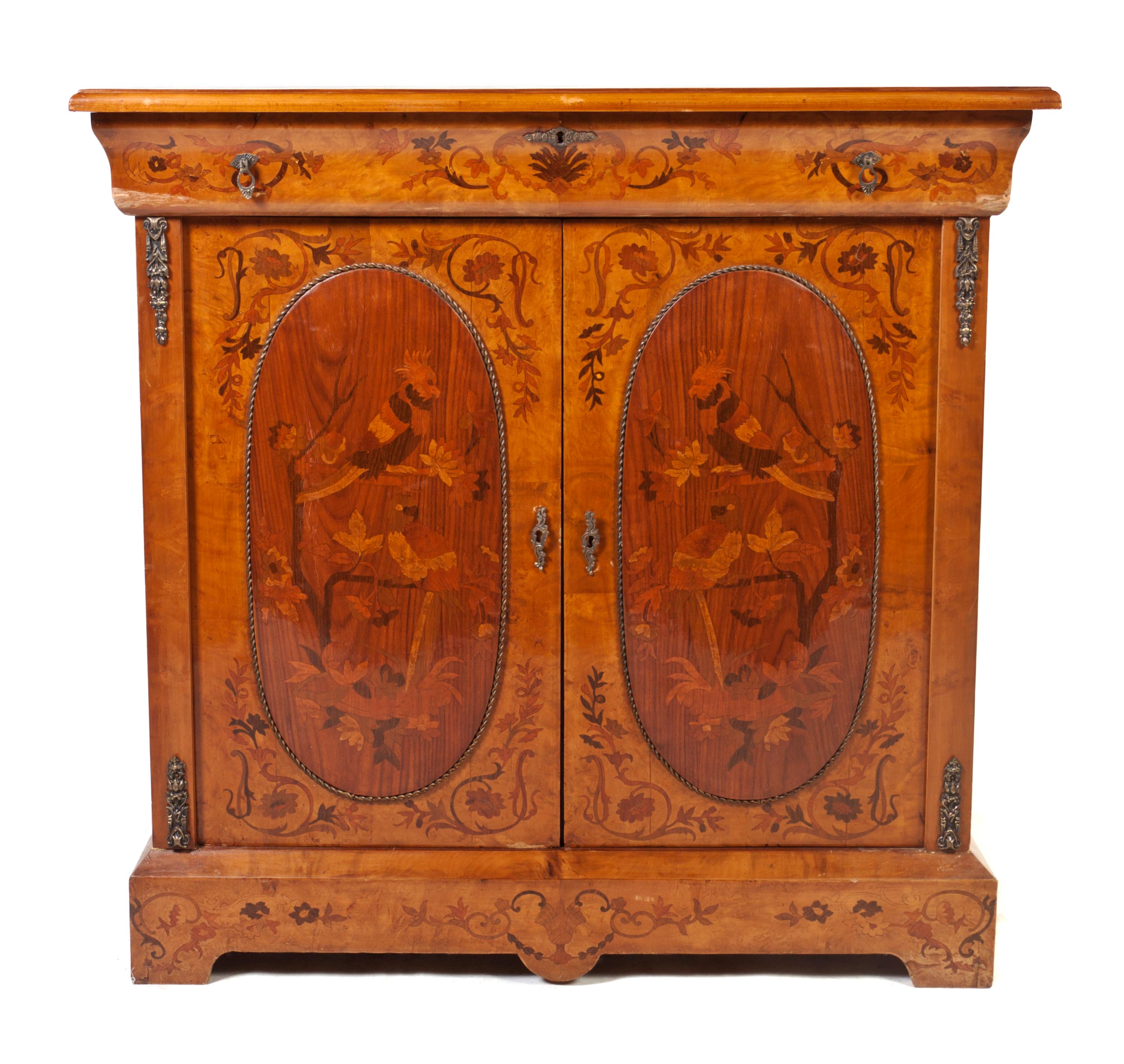 A Continental Marquerty Decorated Console Cabinet, Height 42 x width 43 1/4 x depth 14 1/4 inches.