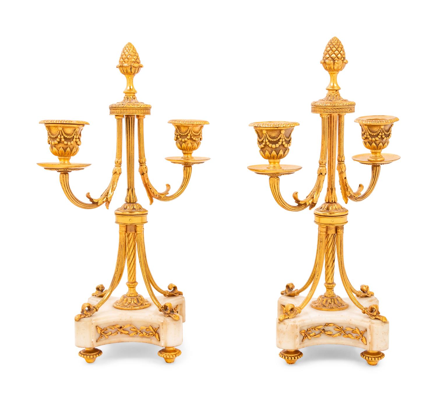 A Pair of Louis XVI Style Gilt Bronze and Marble Two-Light Candelabra
