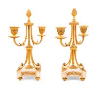 A Pair of Louis XVI Style Gilt Bronze and Marble Two-Light Candelabra