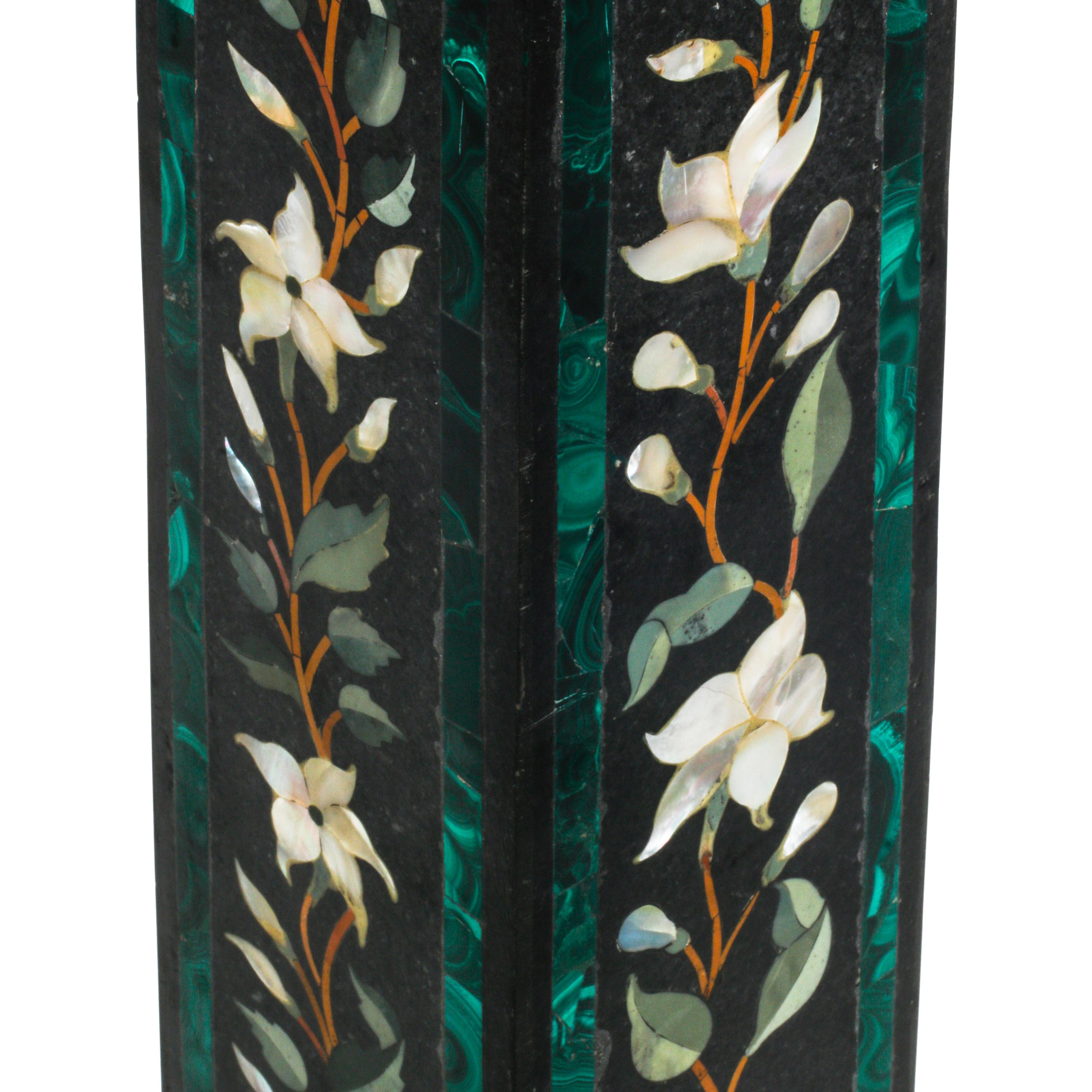 A Pair of Large Pietra Dura, Black Marble and Malachite Obelisks