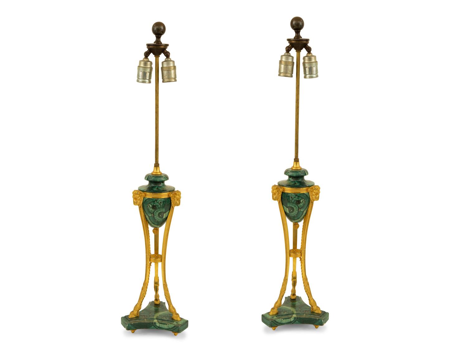 A Pair of Empire Style Gilt Metal Mounted Faux Malachite Cassolettes