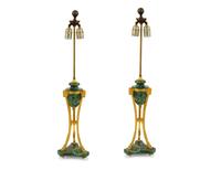 A Pair of Empire Style Gilt Metal Mounted Faux Malachite Cassolettes
