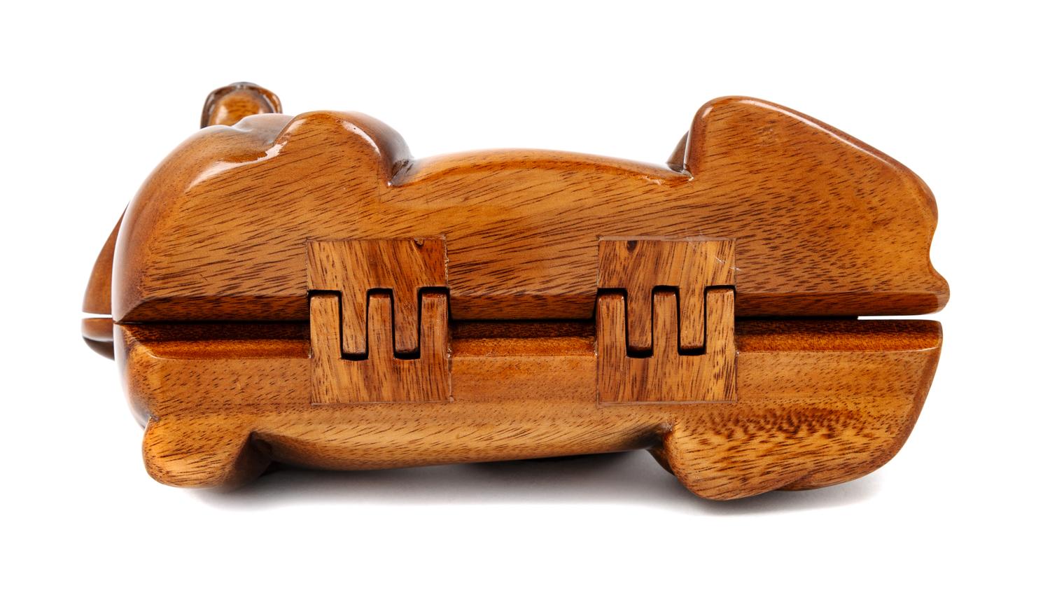 A Timmy Woods Hand Carved Brown Wood Dachshund Handbag, 5.5" L x 11" W x 4.5" D; Strap drop: 24".