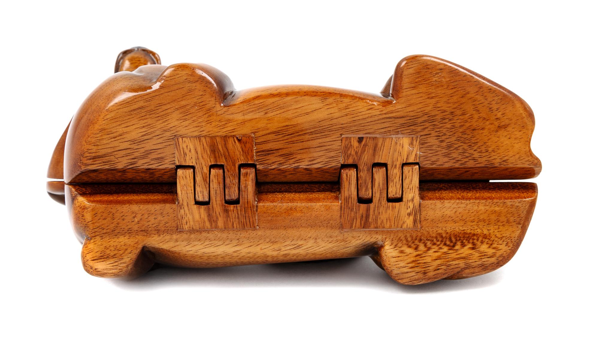 A Timmy Woods Hand Carved Brown Wood Dachshund Handbag, 5.5" L x 11" W x 4.5" D; Strap drop: 24".
