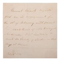 GRANT, Ulysses S (1822-1885). Autograph note of regret. 6 February 1881.