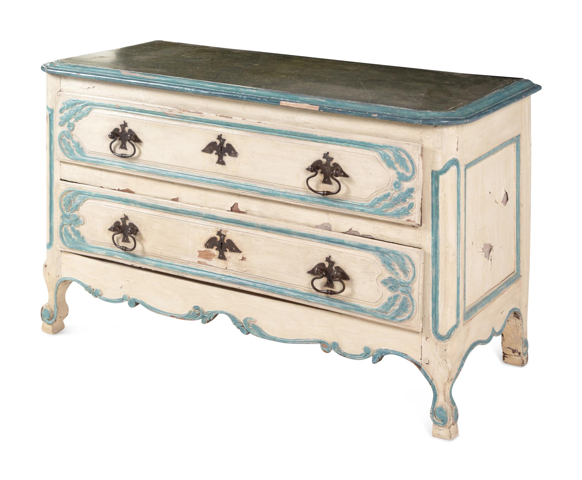 A Louis XV Provincial Blue and Cream-Painted Commode