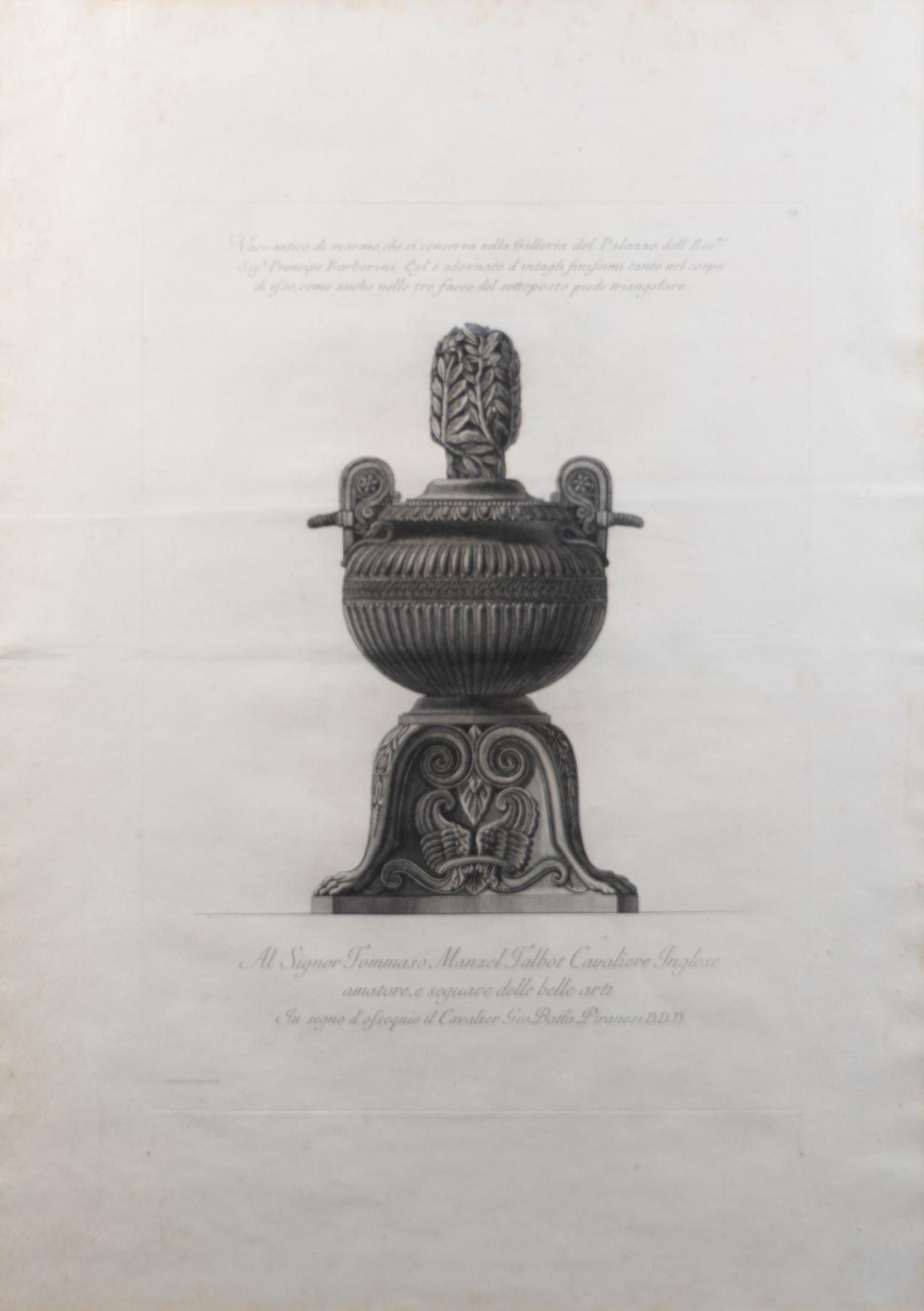 An Italian Engraving of a Marble Vase from the Pallazzo Barberini by Giovanni Batista Piranesi — 19TH CENTURY