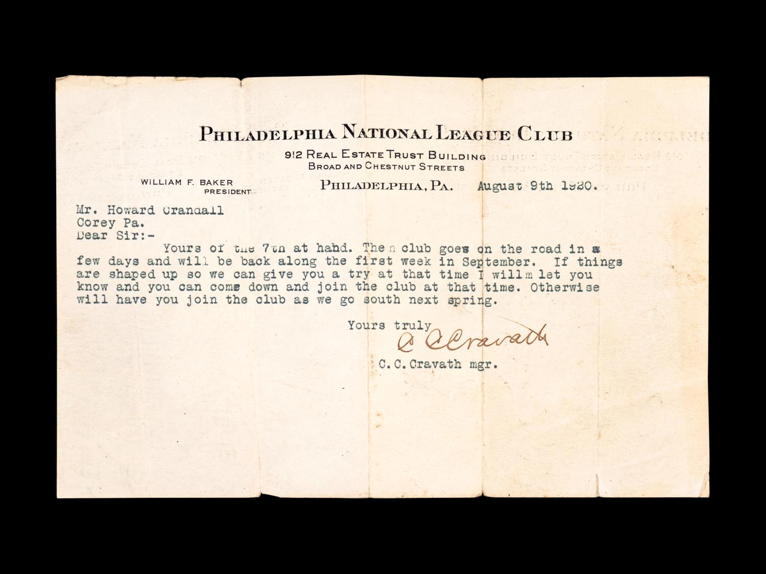 A C.C. Gavvy Cravath Signed Autograph August 9, 1920 Letter as Manager of Philadelphia Phillies