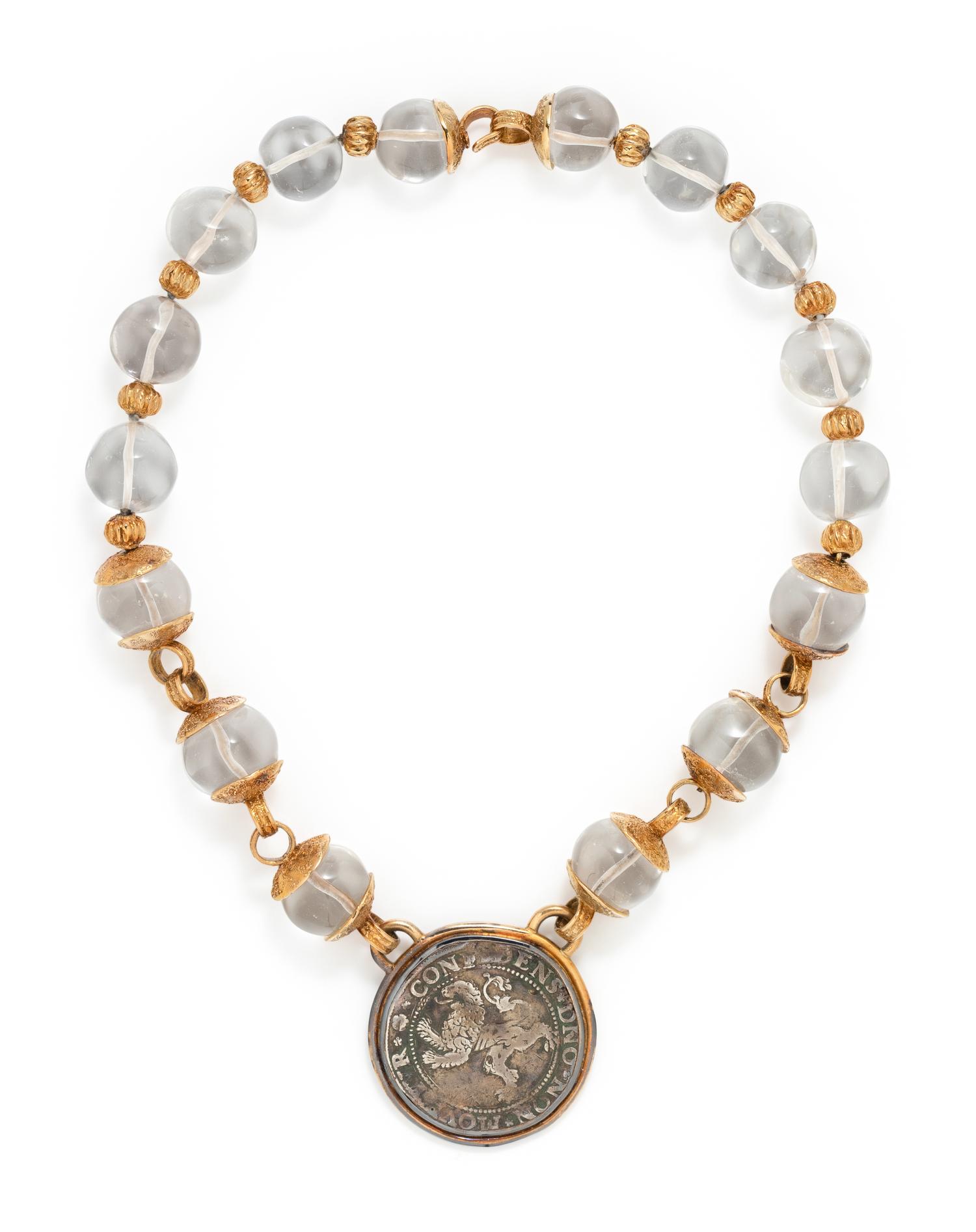 ELIZABETH GAGE, YELLOW GOLD, ROCK CRYSTAL AND COIN NECKLACE