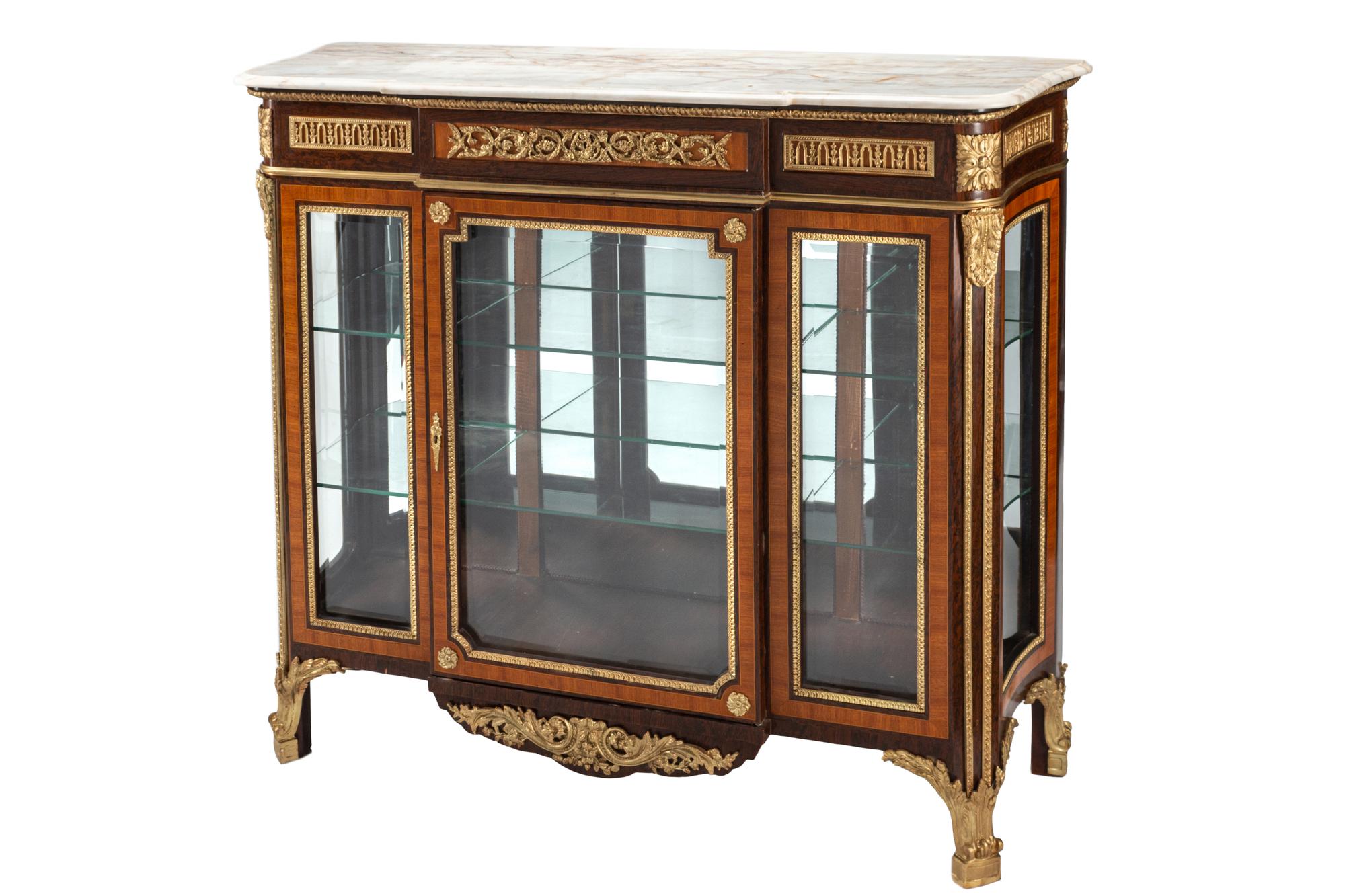 A Louis XV Style Gilt Bronze Mounted Mahogany Vitrine Cabinet