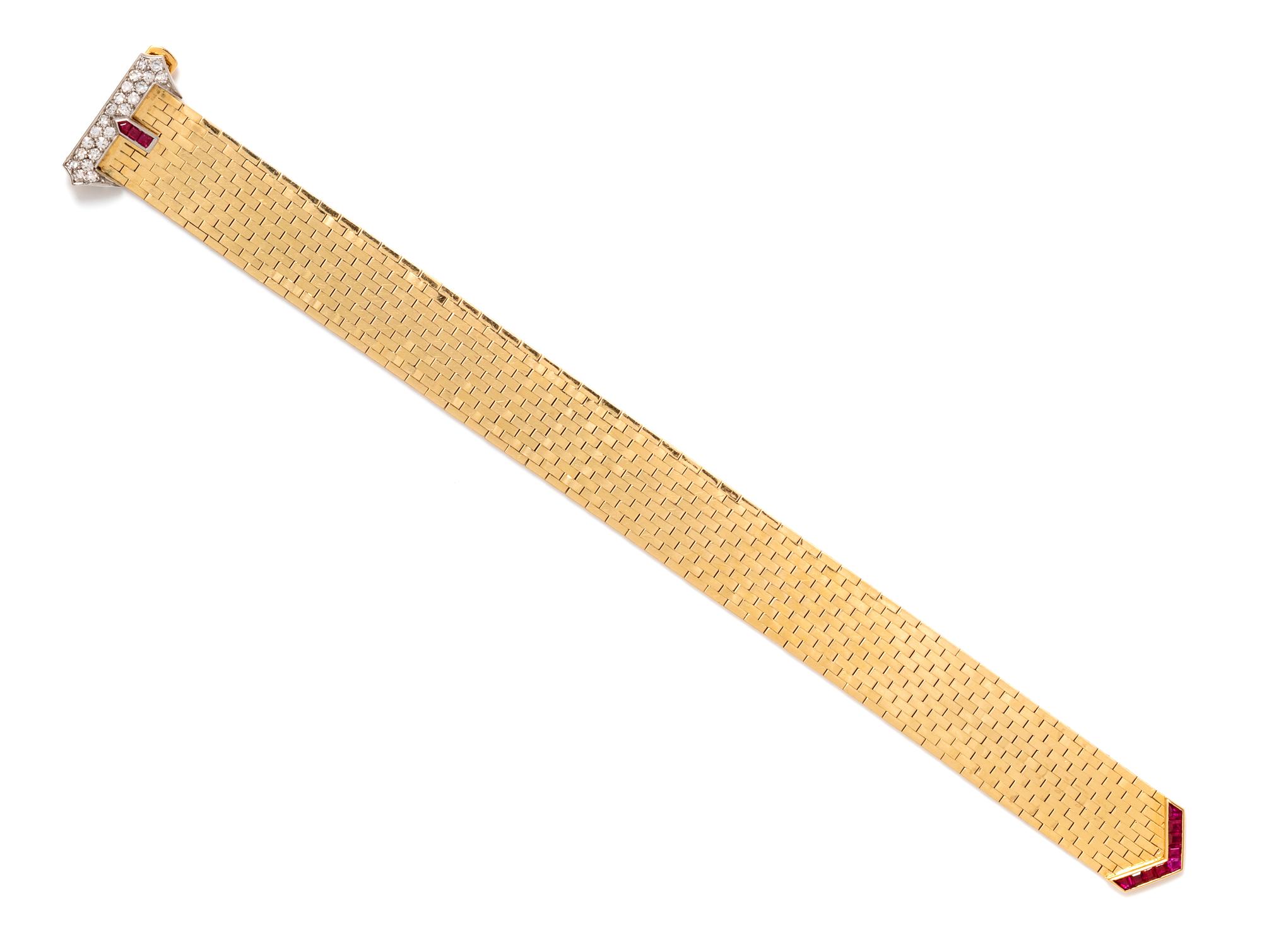 A Retro 14 Karat Yellow Gold, Platinum, Diamond and Ruby Belt Motif Bracelet, 27.60 dwts.
