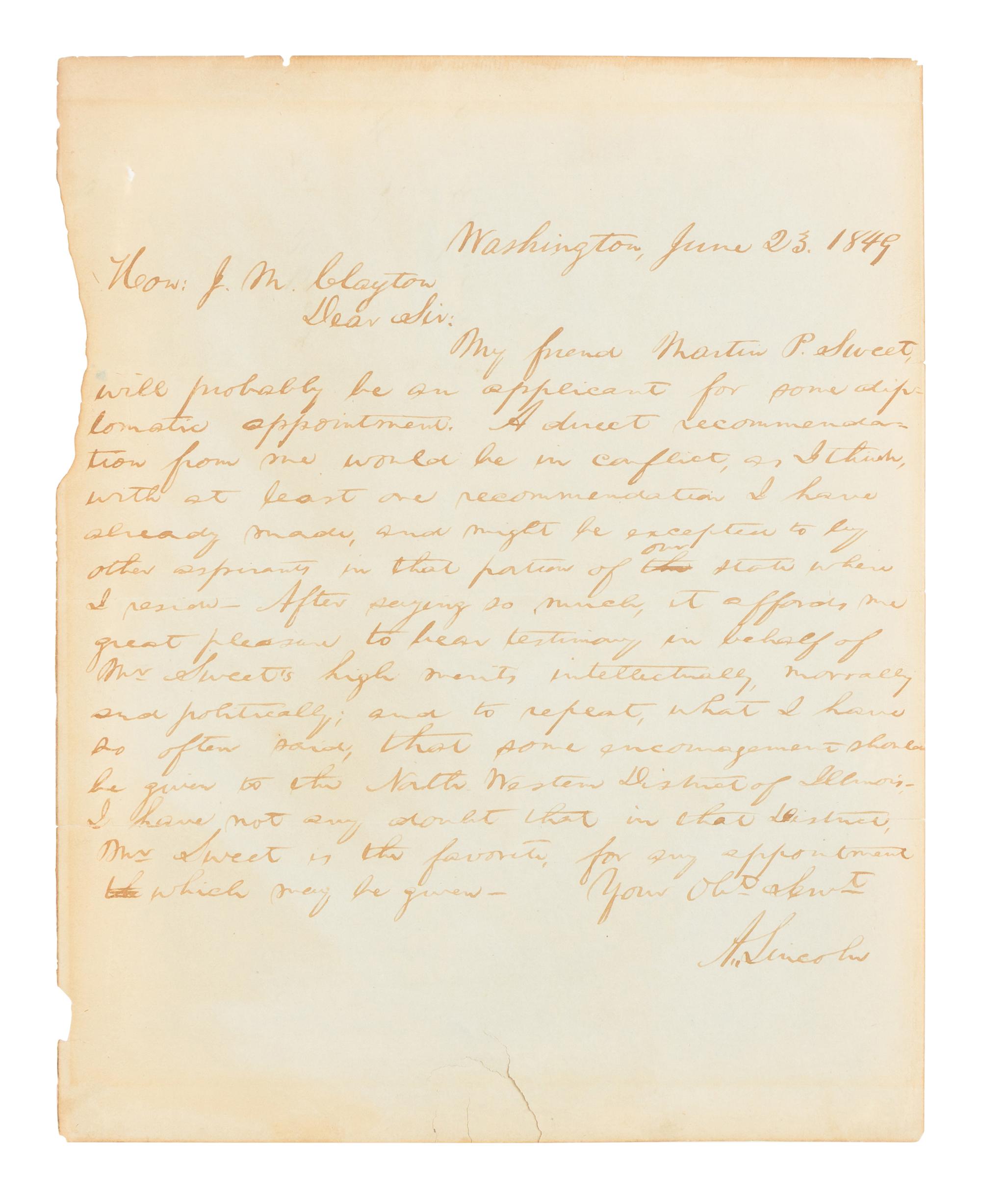 LINCOLN, Abraham (1809-1865). Autograph letter signed ("A. Lincoln"), to John M. Clayton. Washington, D.C., 23 June 1849.
